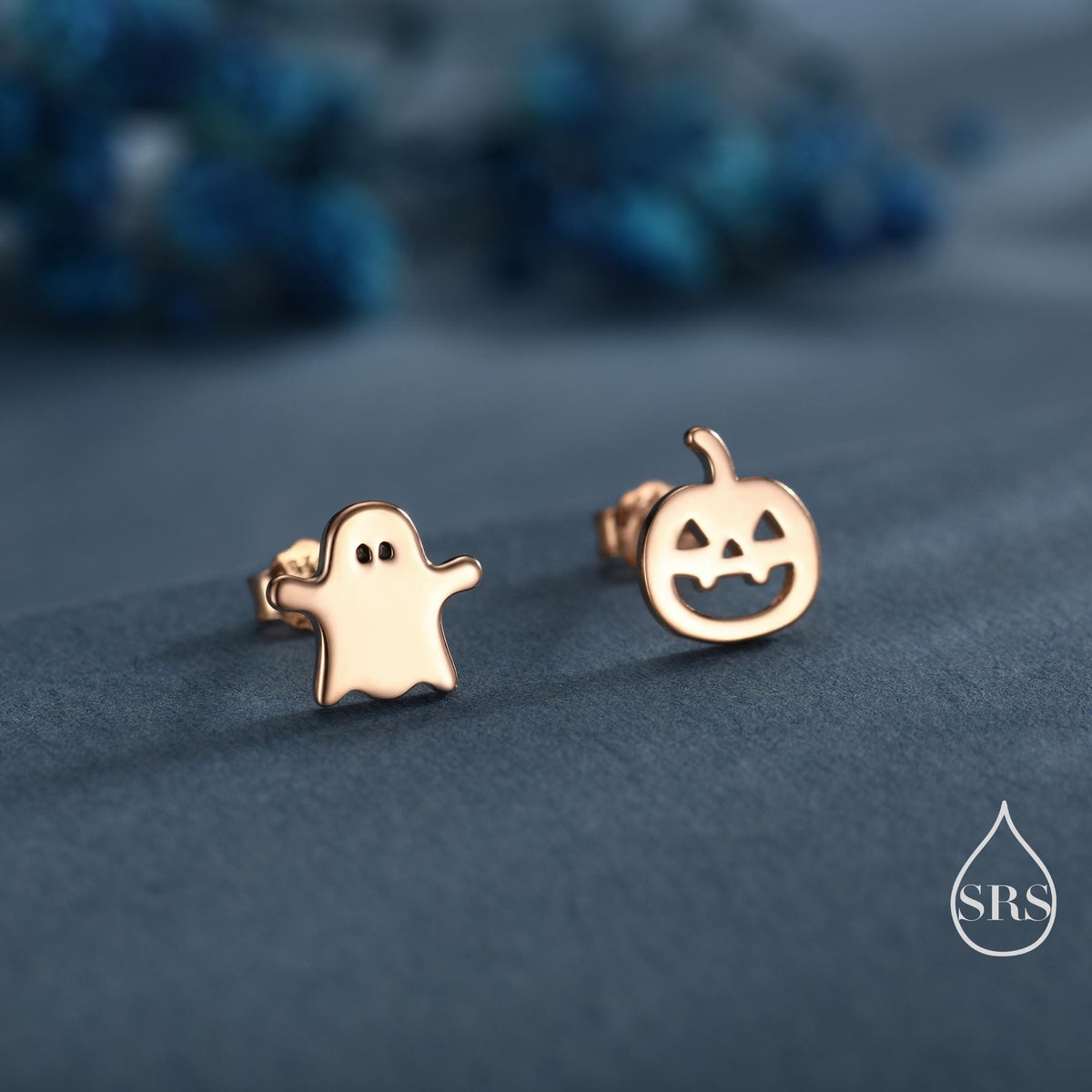 Mismatched Carved Pumpkin and Ghost Stud Earrings in Sterling Silver, Silver, Gold or Rose Gold, Fun and Quirky Halloween Earrings