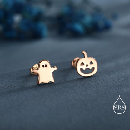 Mismatched Carved Pumpkin and Ghost Stud Earrings in Sterling Silver, Silver, Gold or Rose Gold, Fun and Quirky Halloween Earrings