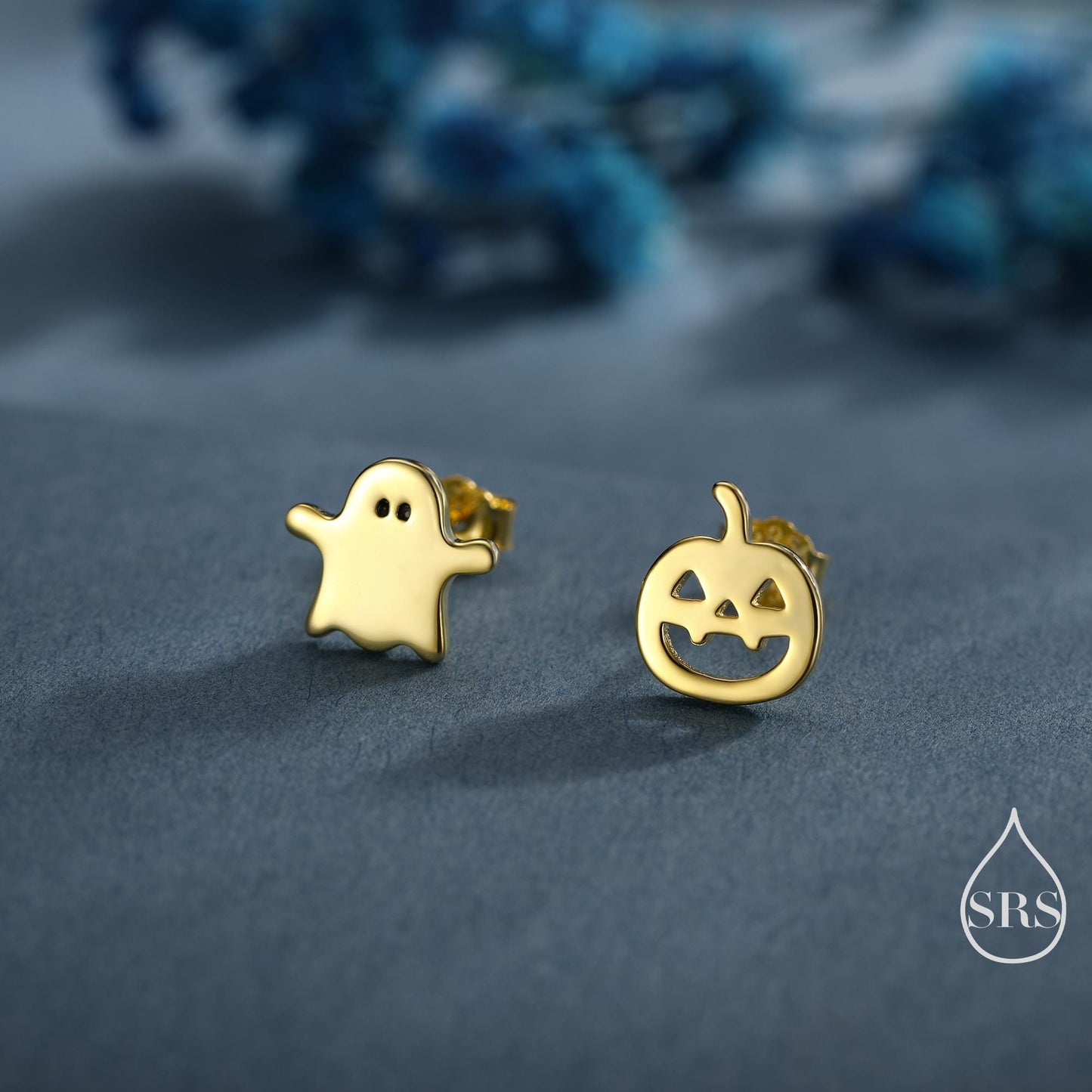 Mismatched Carved Pumpkin and Ghost Stud Earrings in Sterling Silver, Silver, Gold or Rose Gold, Fun and Quirky Halloween Earrings
