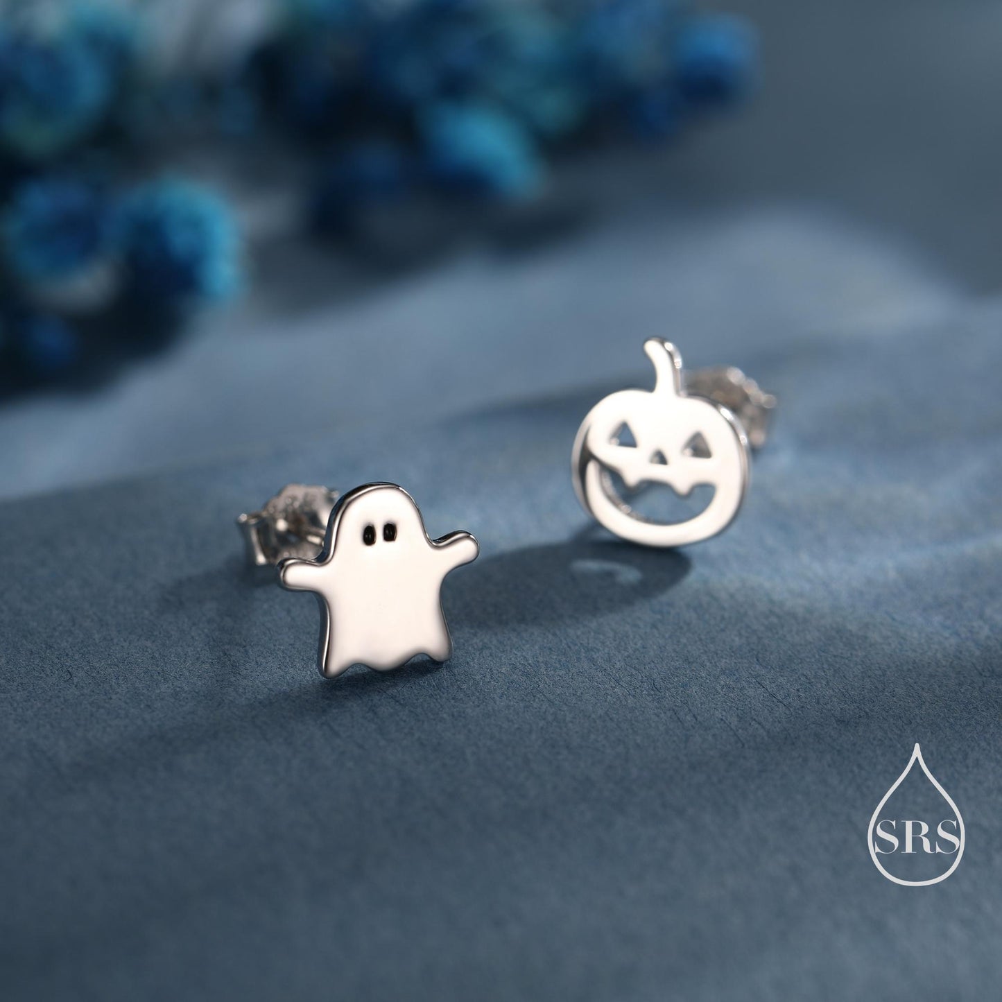 Mismatched Carved Pumpkin and Ghost Stud Earrings in Sterling Silver, Silver, Gold or Rose Gold, Fun and Quirky Halloween Earrings