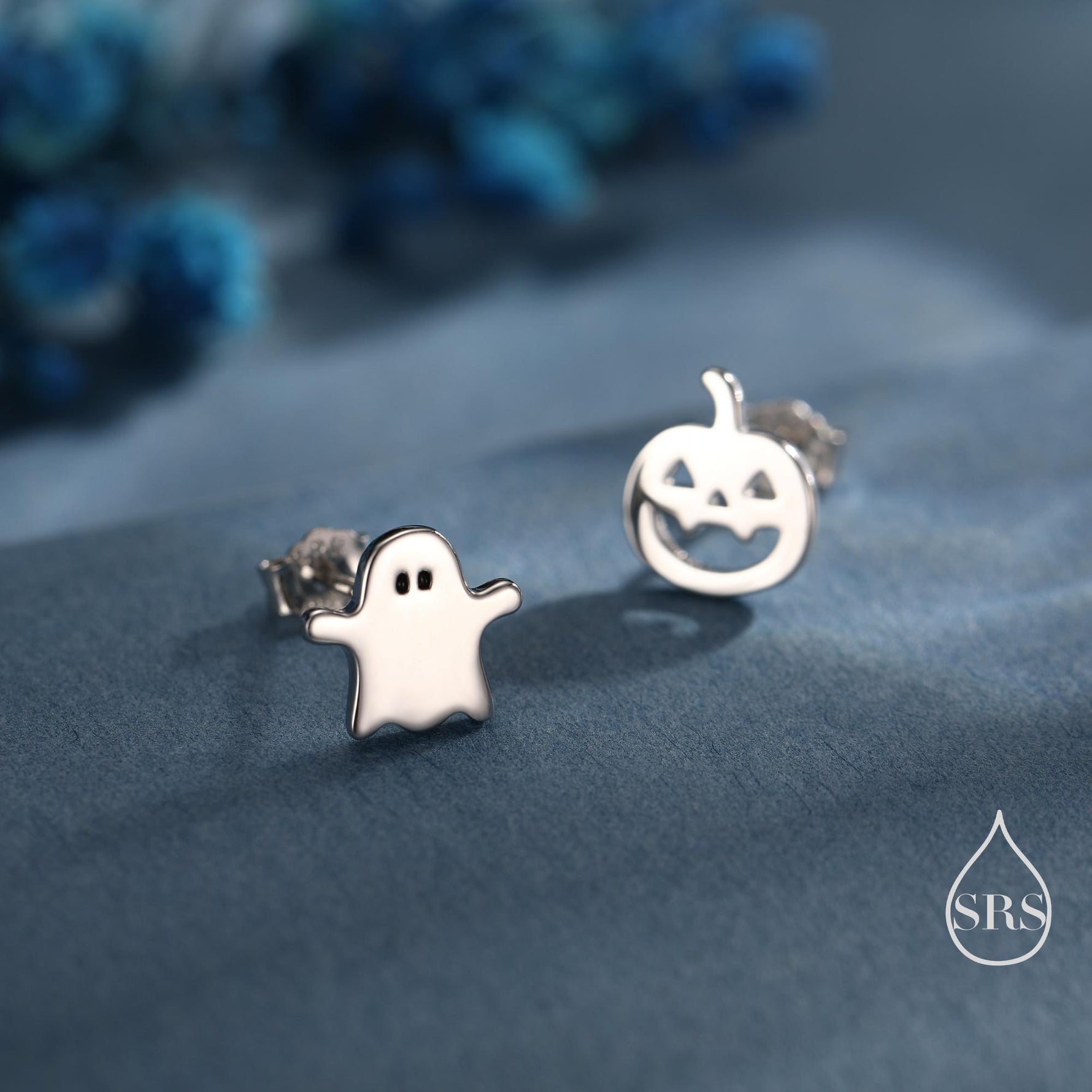 Mismatched Carved Pumpkin and Ghost Stud Earrings in Sterling Silver, Silver, Gold or Rose Gold, Fun and Quirky Halloween Earrings