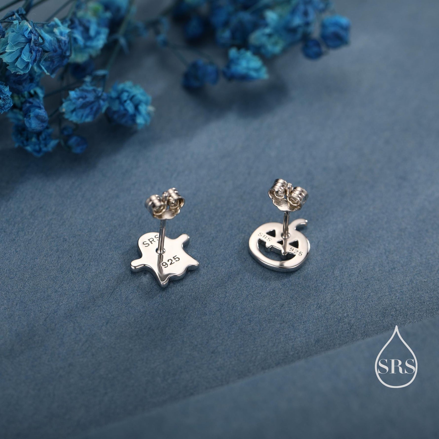 Mismatched Carved Pumpkin and Ghost Stud Earrings in Sterling Silver, Silver, Gold or Rose Gold, Fun and Quirky Halloween Earrings
