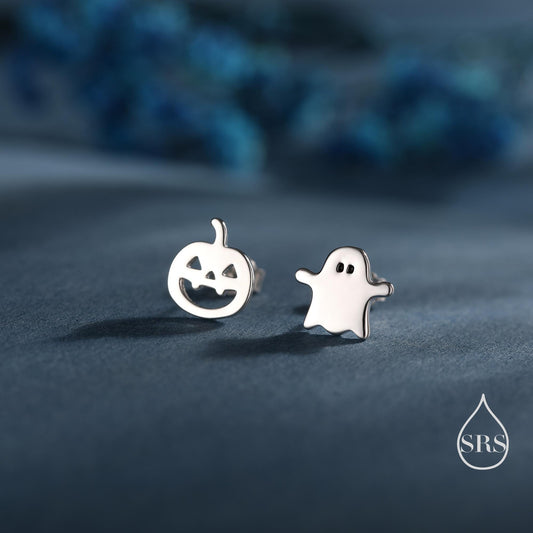Mismatched Carved Pumpkin and Ghost Stud Earrings in Sterling Silver, Silver, Gold or Rose Gold, Fun and Quirky Halloween Earrings