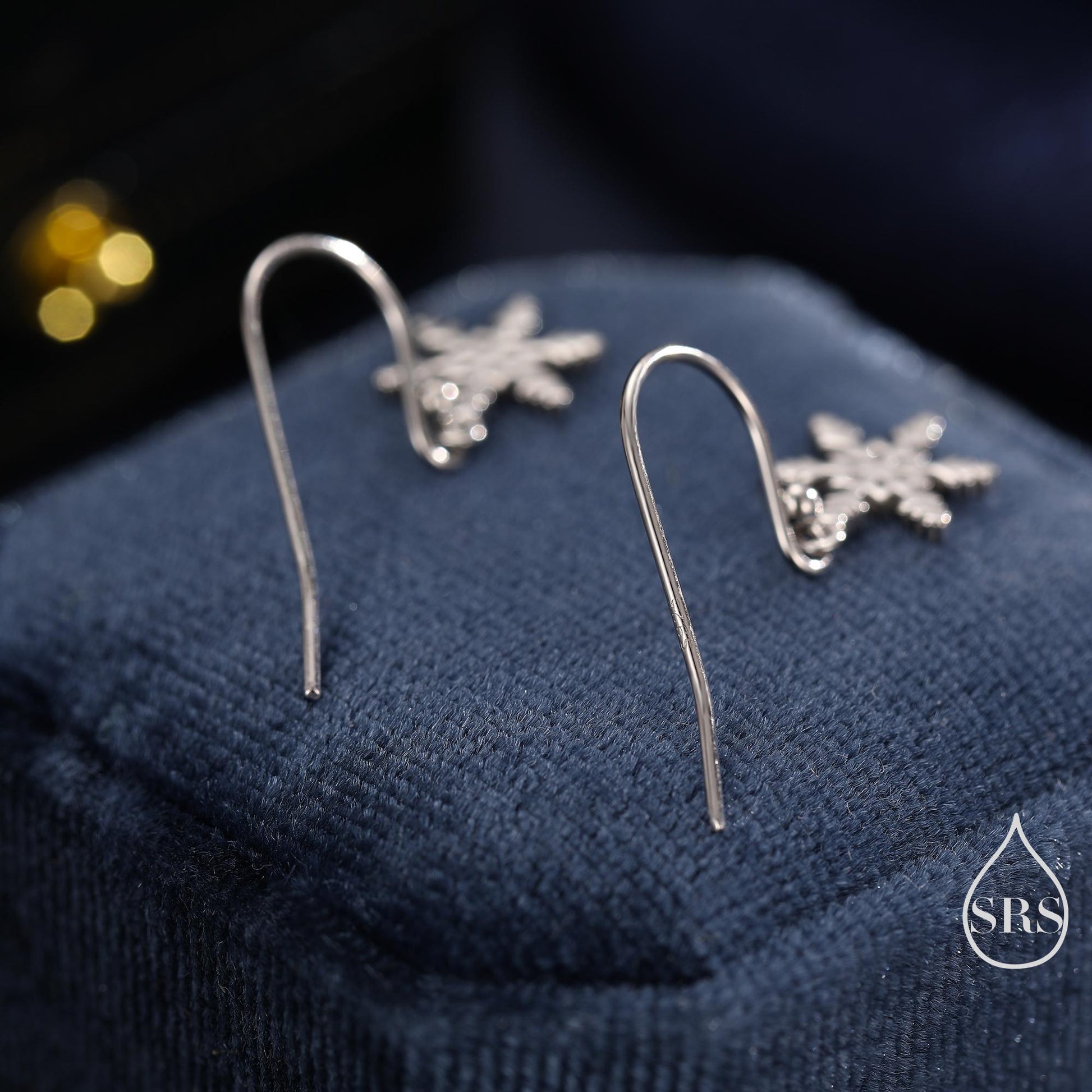 Delicate Snowflake Drop Hook Earrings in Sterling Silver, Silver, Gold or Rose Gold, Dainty Snowflake Earrings, Snow Earrings