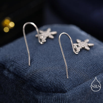 Delicate Snowflake Drop Hook Earrings in Sterling Silver, Silver, Gold or Rose Gold, Dainty Snowflake Earrings, Snow Earrings