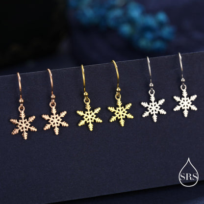 Delicate Snowflake Drop Hook Earrings in Sterling Silver, Silver, Gold or Rose Gold, Dainty Snowflake Earrings, Snow Earrings