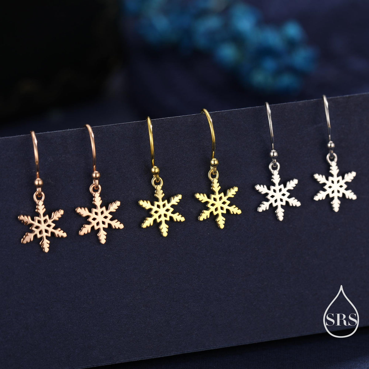 Delicate Snowflake Drop Hook Earrings in Sterling Silver, Silver, Gold or Rose Gold, Dainty Snowflake Earrings, Snow Earrings