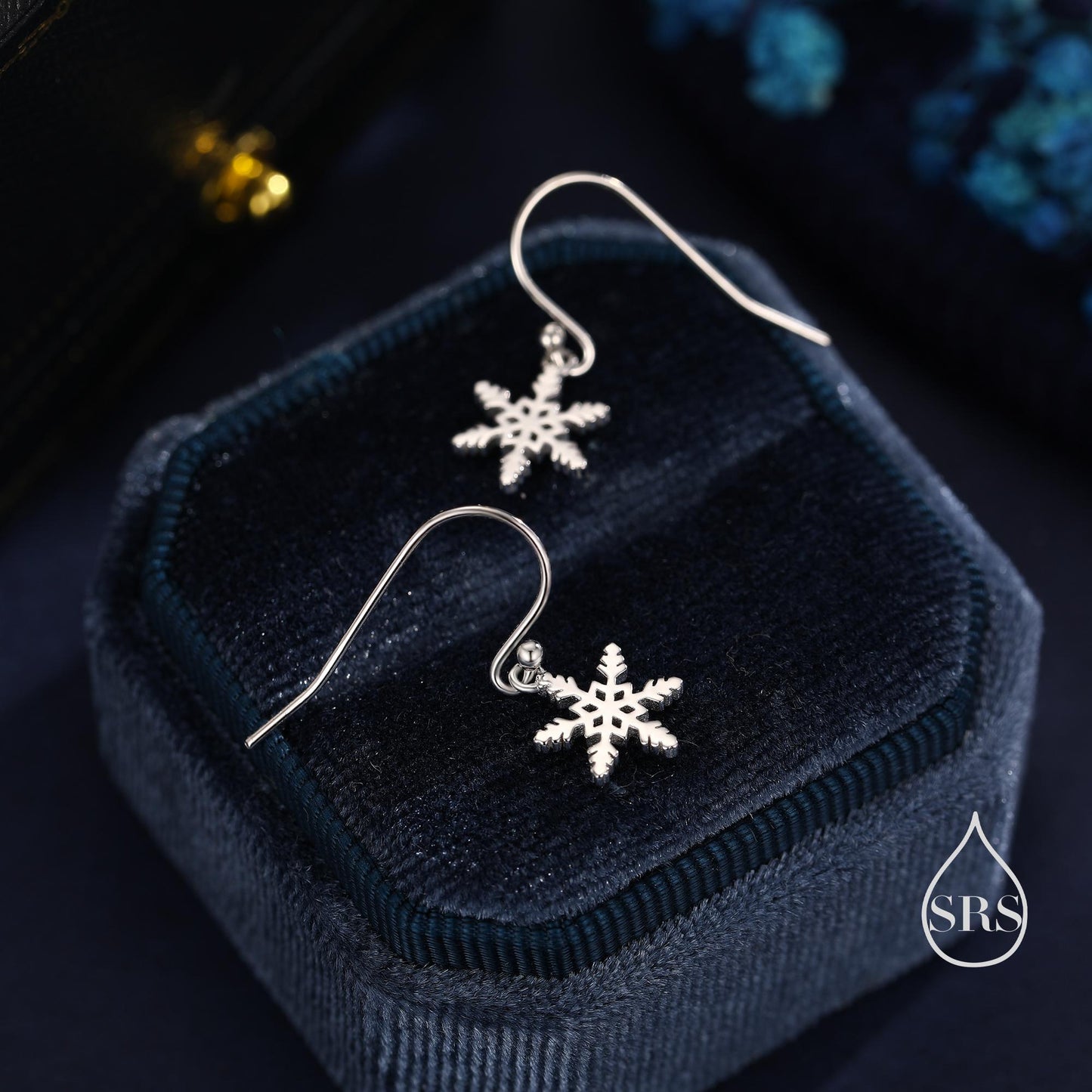 Delicate Snowflake Drop Hook Earrings in Sterling Silver, Silver, Gold or Rose Gold, Dainty Snowflake Earrings, Snow Earrings