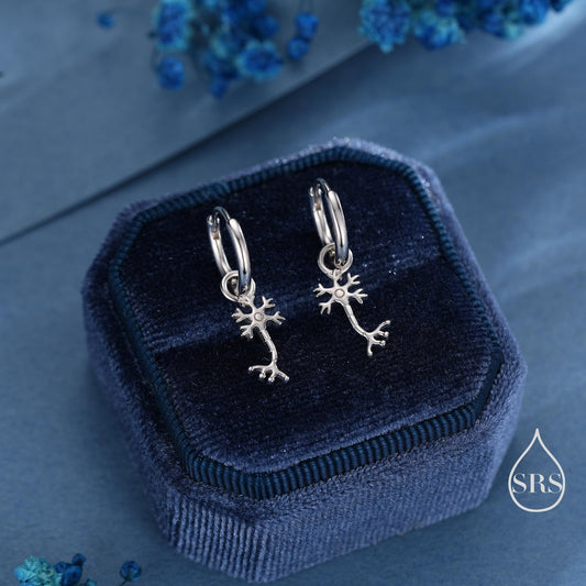 Tiny Neuron Cell Huggie Hoops Earrings in Sterling Silver, Silver or Gold, Neurone Cell Nerve Earrings, Brain Earrings, Detachable Charms