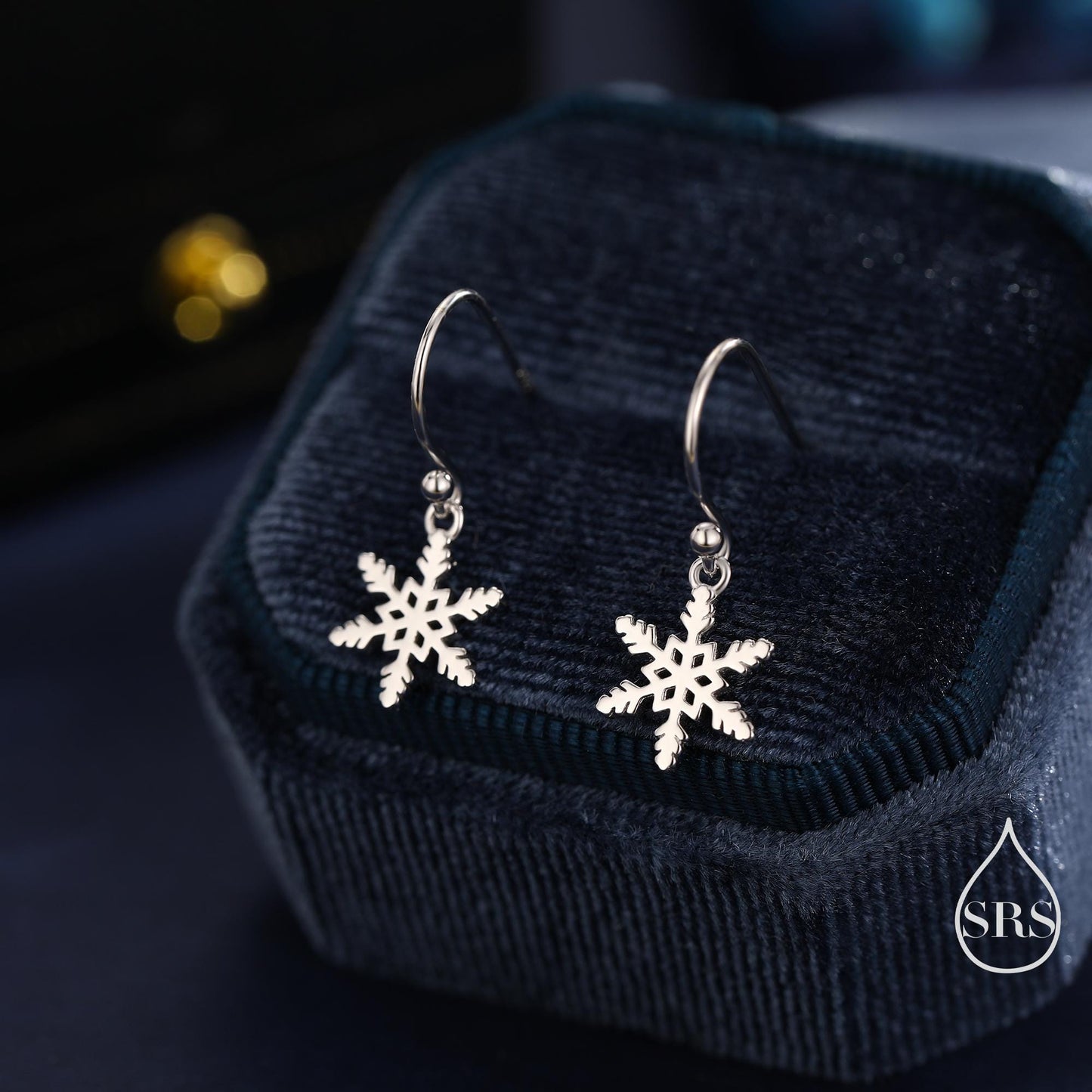 Delicate Snowflake Drop Hook Earrings in Sterling Silver, Silver, Gold or Rose Gold, Dainty Snowflake Earrings, Snow Earrings