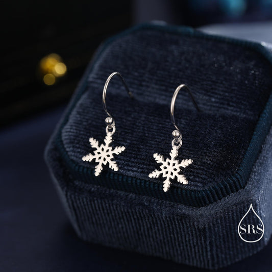 Delicate Snowflake Drop Hook Earrings in Sterling Silver, Silver, Gold or Rose Gold, Dainty Snowflake Earrings, Snow Earrings