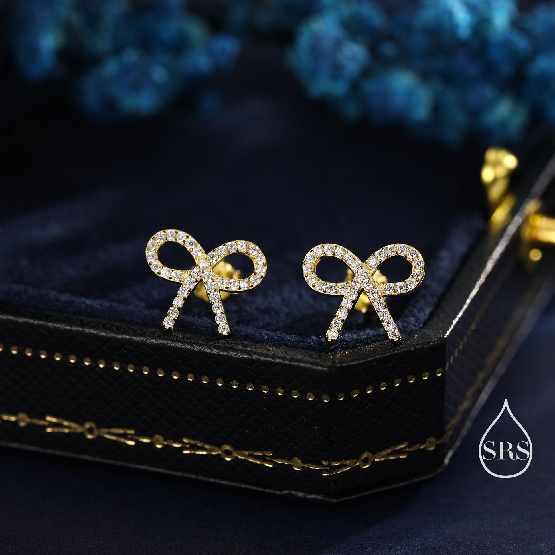 CZ Ribbon Bow Stud Earrings in Sterling Silver, Silver or Gold or Rose Gold, Dainty Earrings, Bridesmaid's Jewellery