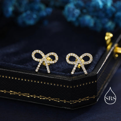 CZ Ribbon Bow Stud Earrings in Sterling Silver, Silver or Gold or Rose Gold, Dainty Earrings, Bridesmaid's Jewellery
