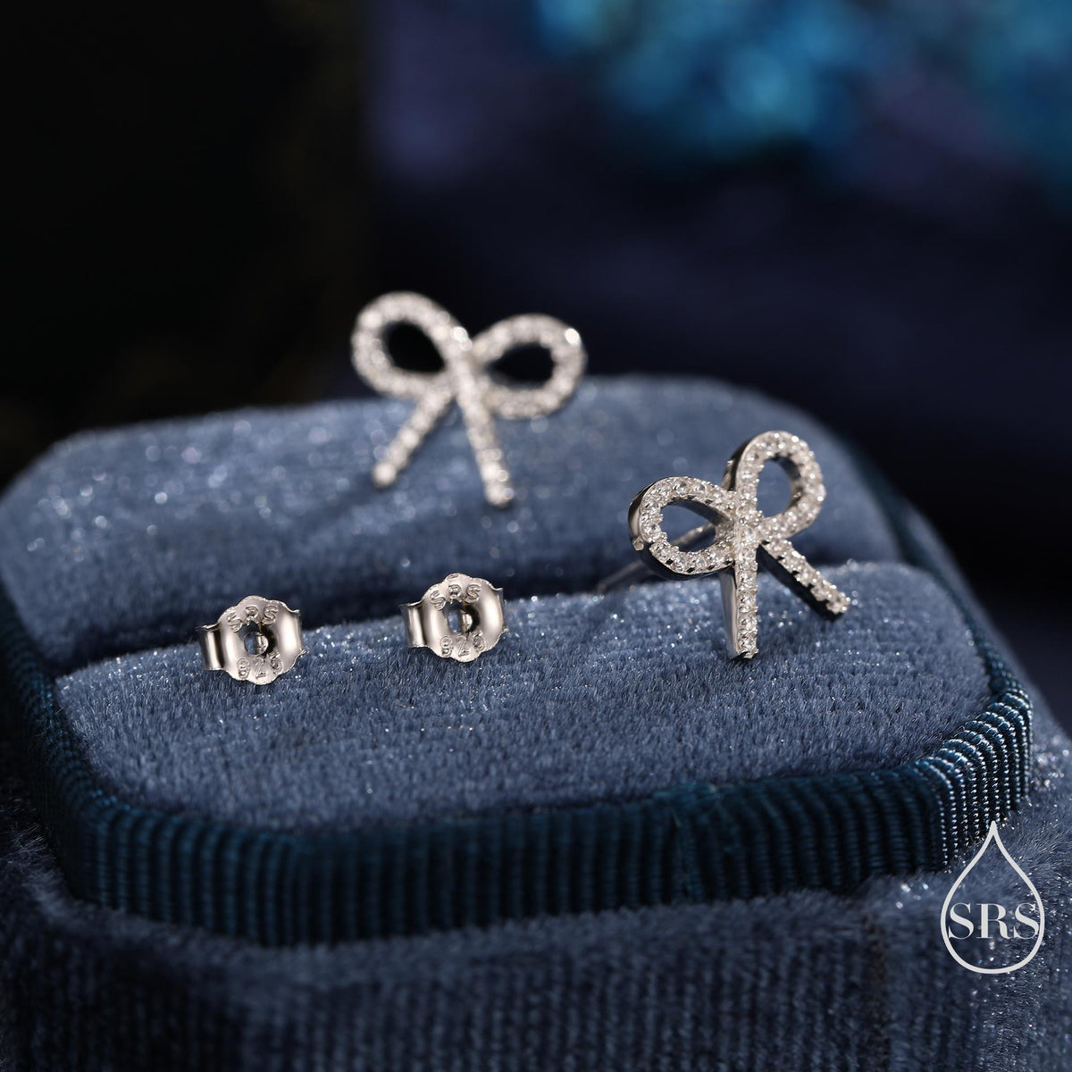 CZ Ribbon Bow Stud Earrings in Sterling Silver, Silver or Gold or Rose Gold, Dainty Earrings, Bridesmaid's Jewellery
