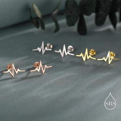 Sterling Silver Heart Beat Stud Earrings, Silver or Gold or Rose Gold, Heart Beat Anaogram Earrings, Cute and Quirky Earrings