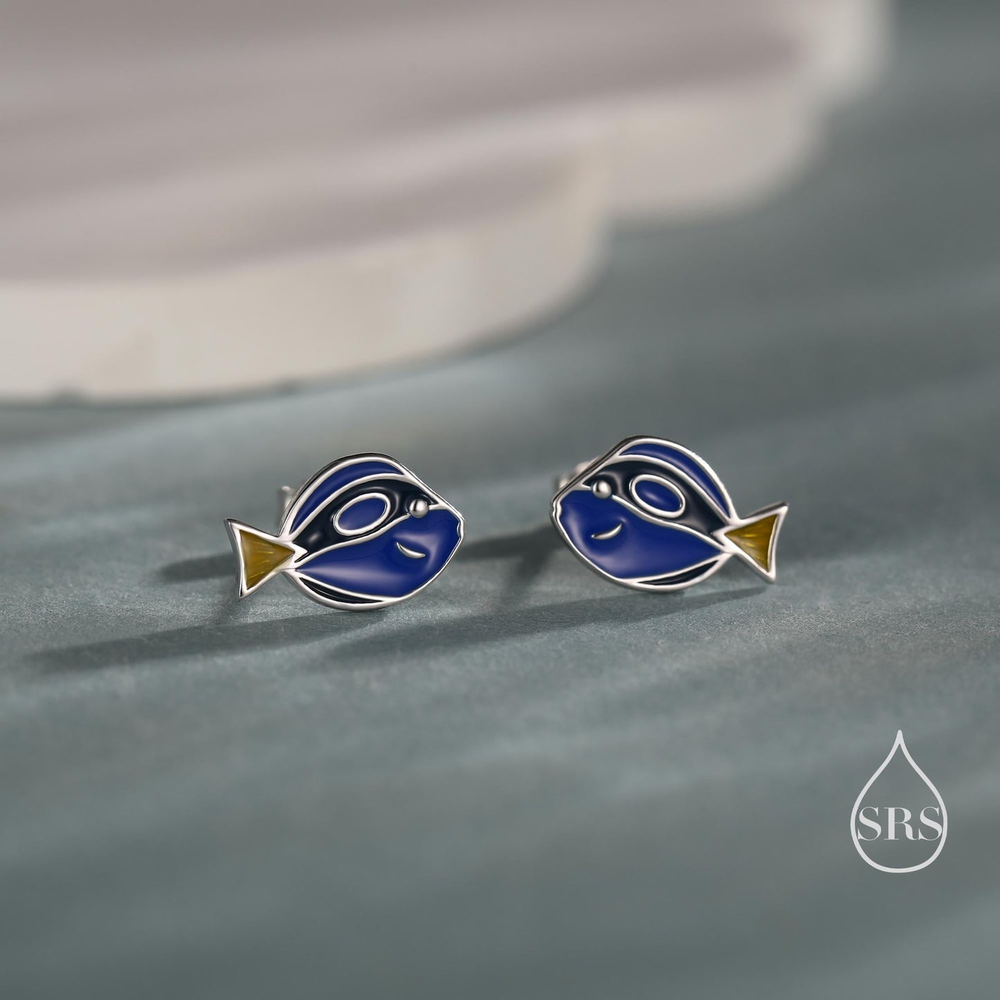 Sterling Silver Blue Tang Fish Stud Earring, Enamel Fish Earrings, Tiny Fish Earrings, Tiny Tropical Fish Stud