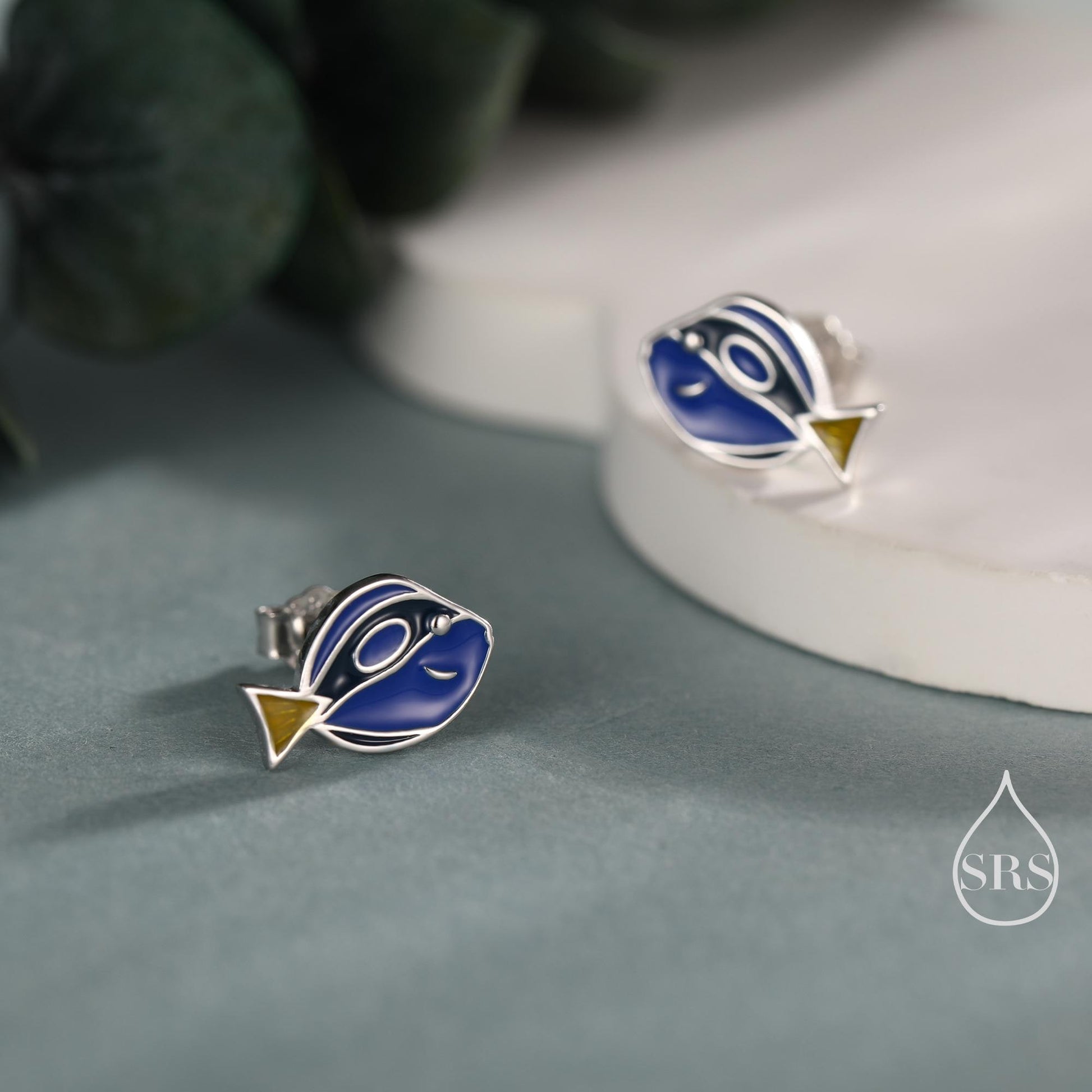 Sterling Silver Blue Tang Fish Stud Earring, Enamel Fish Earrings, Tiny Fish Earrings, Tiny Tropical Fish Stud