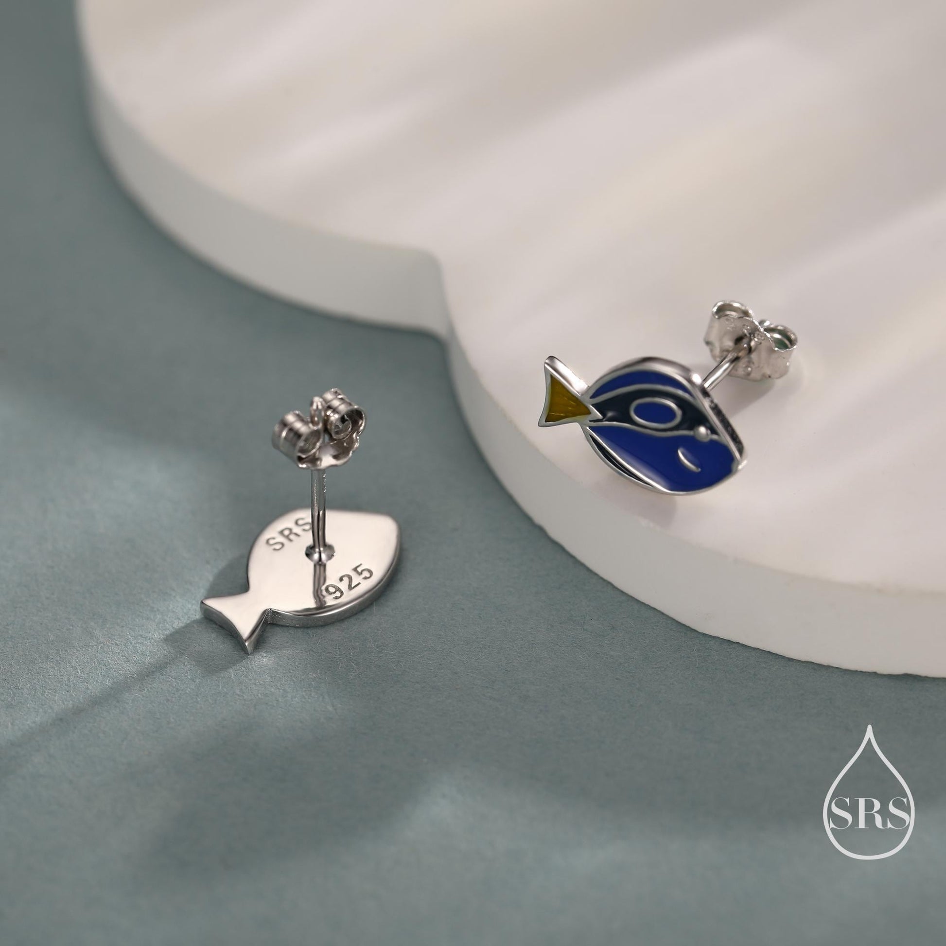 Sterling Silver Blue Tang Fish Stud Earring, Enamel Fish Earrings, Tiny Fish Earrings, Tiny Tropical Fish Stud