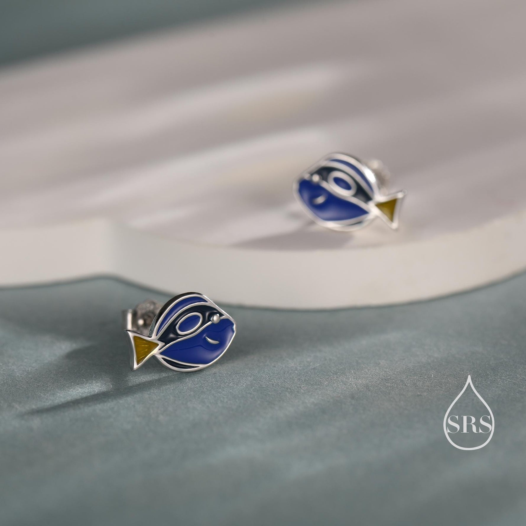 Sterling Silver Blue Tang Fish Stud Earring, Enamel Fish Earrings, Tiny Fish Earrings, Tiny Tropical Fish Stud