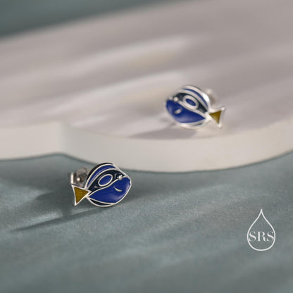 Sterling Silver Blue Tang Fish Stud Earring, Enamel Fish Earrings, Tiny Fish Earrings, Tiny Tropical Fish Stud