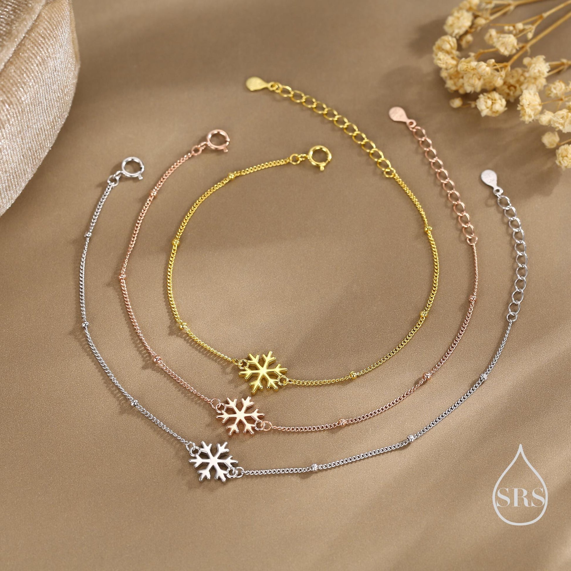 Sterling Silver Snowflake Bracelet, Silver or Gold or Rose gold, Snowflake Charm Bracelet, Extra Delicate and Dainty