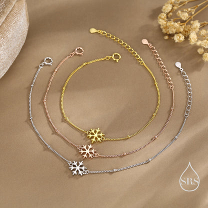 Sterling Silver Snowflake Bracelet, Silver or Gold or Rose gold, Snowflake Charm Bracelet, Extra Delicate and Dainty