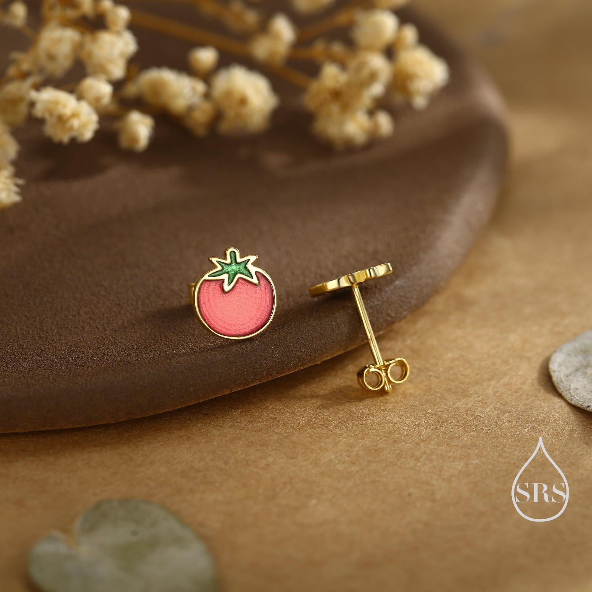 Tomato Stud Earrings in Sterling Silver, Silver or Gold Finish, Tomato Fruit Earrings, Enamel Tomato Earrings