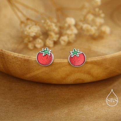 Tomato Stud Earrings in Sterling Silver, Silver or Gold Finish, Tomato Fruit Earrings, Enamel Tomato Earrings