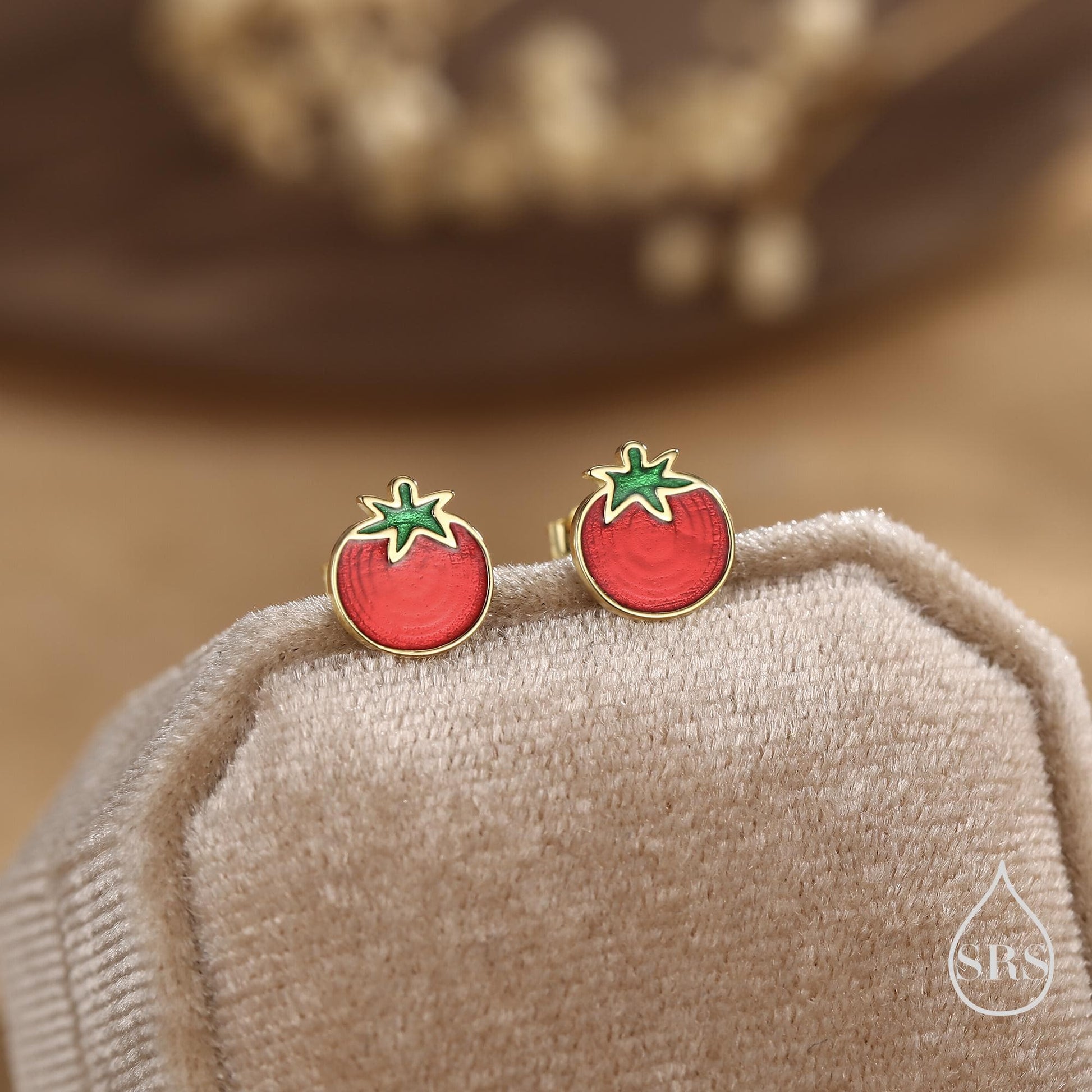 Tomato Stud Earrings in Sterling Silver, Silver or Gold Finish, Tomato Fruit Earrings, Enamel Tomato Earrings