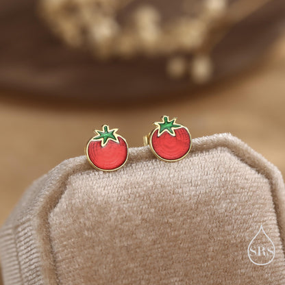 Tomato Stud Earrings in Sterling Silver, Silver or Gold Finish, Tomato Fruit Earrings, Enamel Tomato Earrings