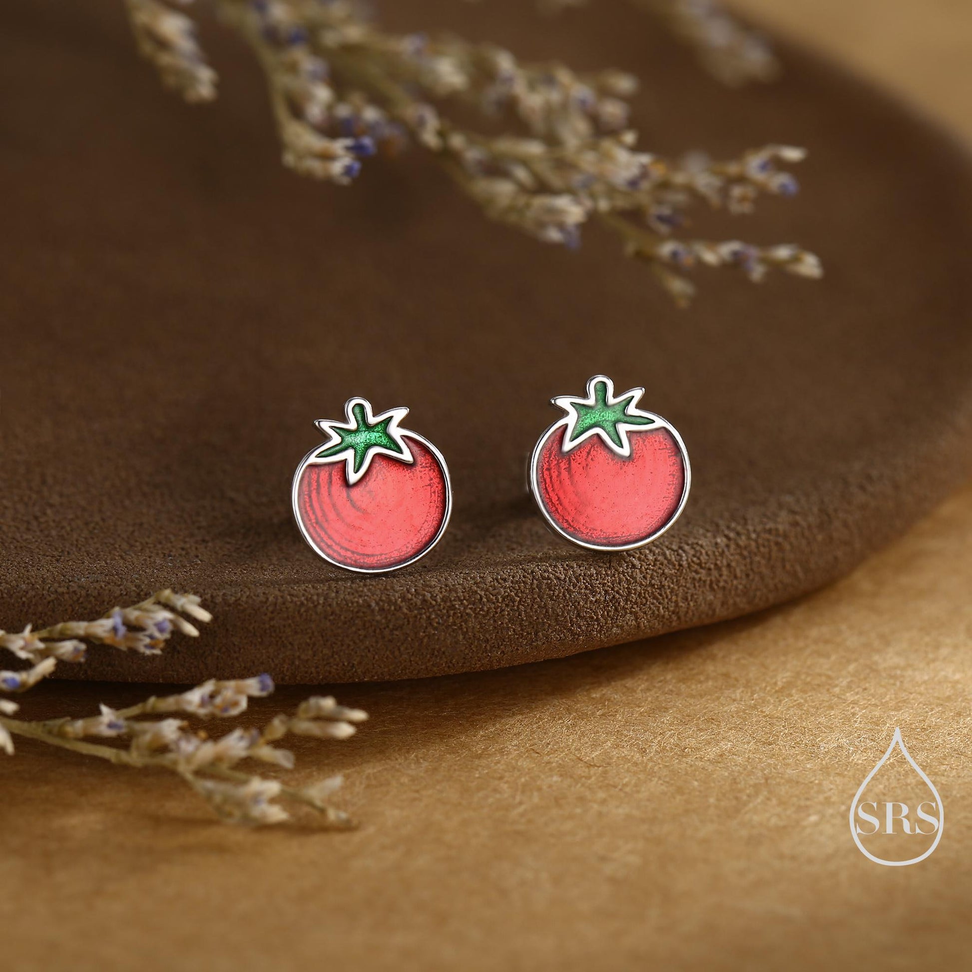 Tomato Stud Earrings in Sterling Silver, Silver or Gold Finish, Tomato Fruit Earrings, Enamel Tomato Earrings