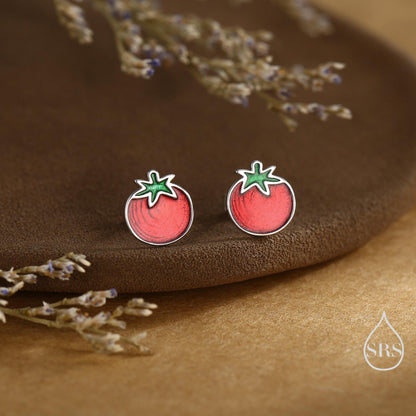 Tomato Stud Earrings in Sterling Silver, Silver or Gold Finish, Tomato Fruit Earrings, Enamel Tomato Earrings