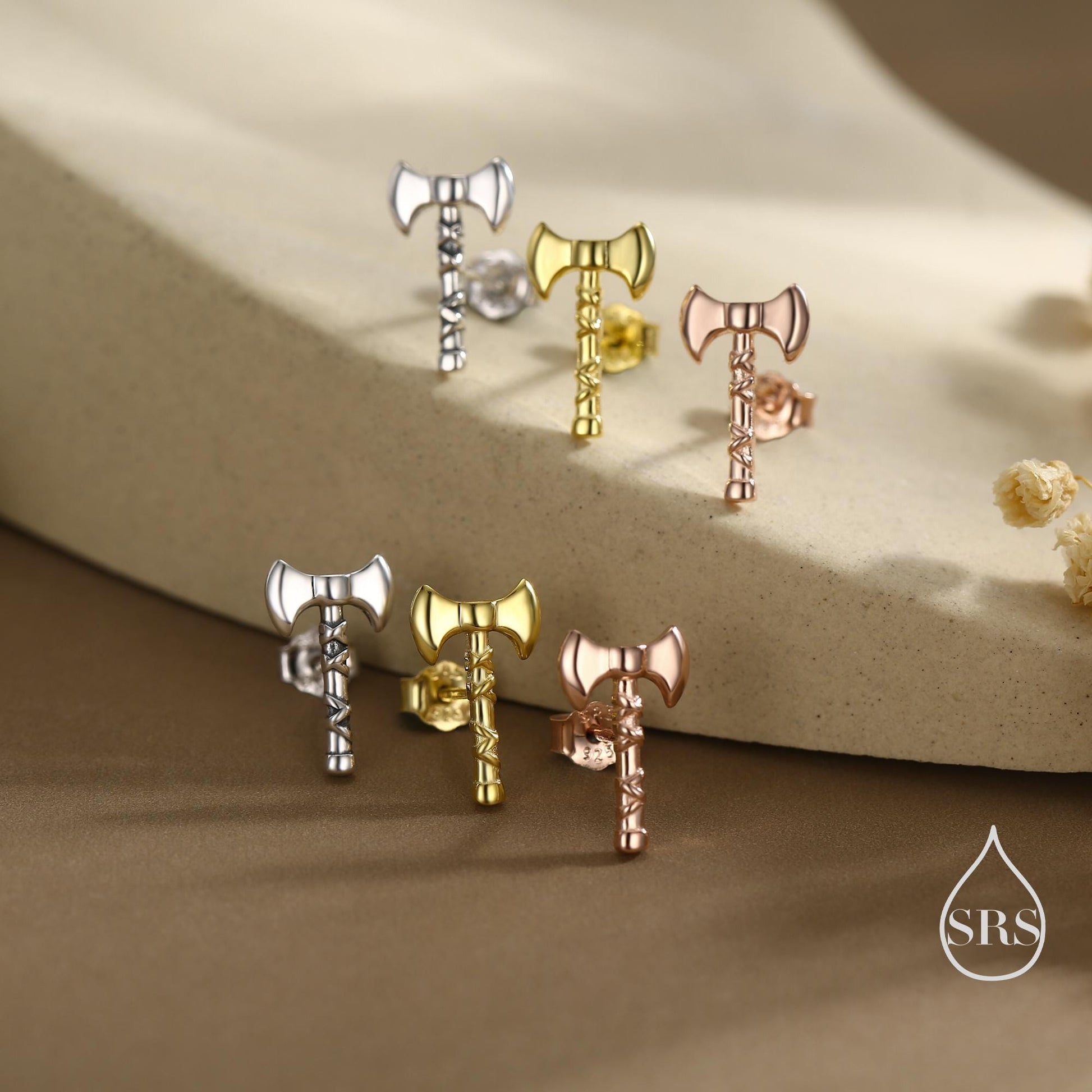 Sterling Silver Double-Headed Viking Axe Stud Earrings, Silver or Gold or Rose Gold Finish, Viking Jewellery