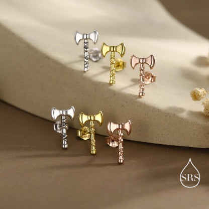 Sterling Silver Double-Headed Viking Axe Stud Earrings, Silver or Gold or Rose Gold Finish, Viking Jewellery