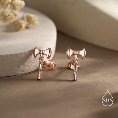 Sterling Silver Double-Headed Viking Axe Stud Earrings, Silver or Gold or Rose Gold Finish, Viking Jewellery