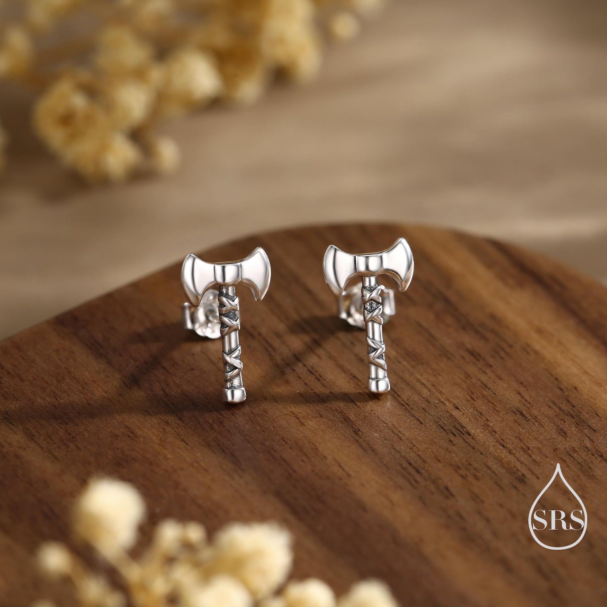 Sterling Silver Double-Headed Viking Axe Stud Earrings, Silver or Gold or Rose Gold Finish, Viking Jewellery
