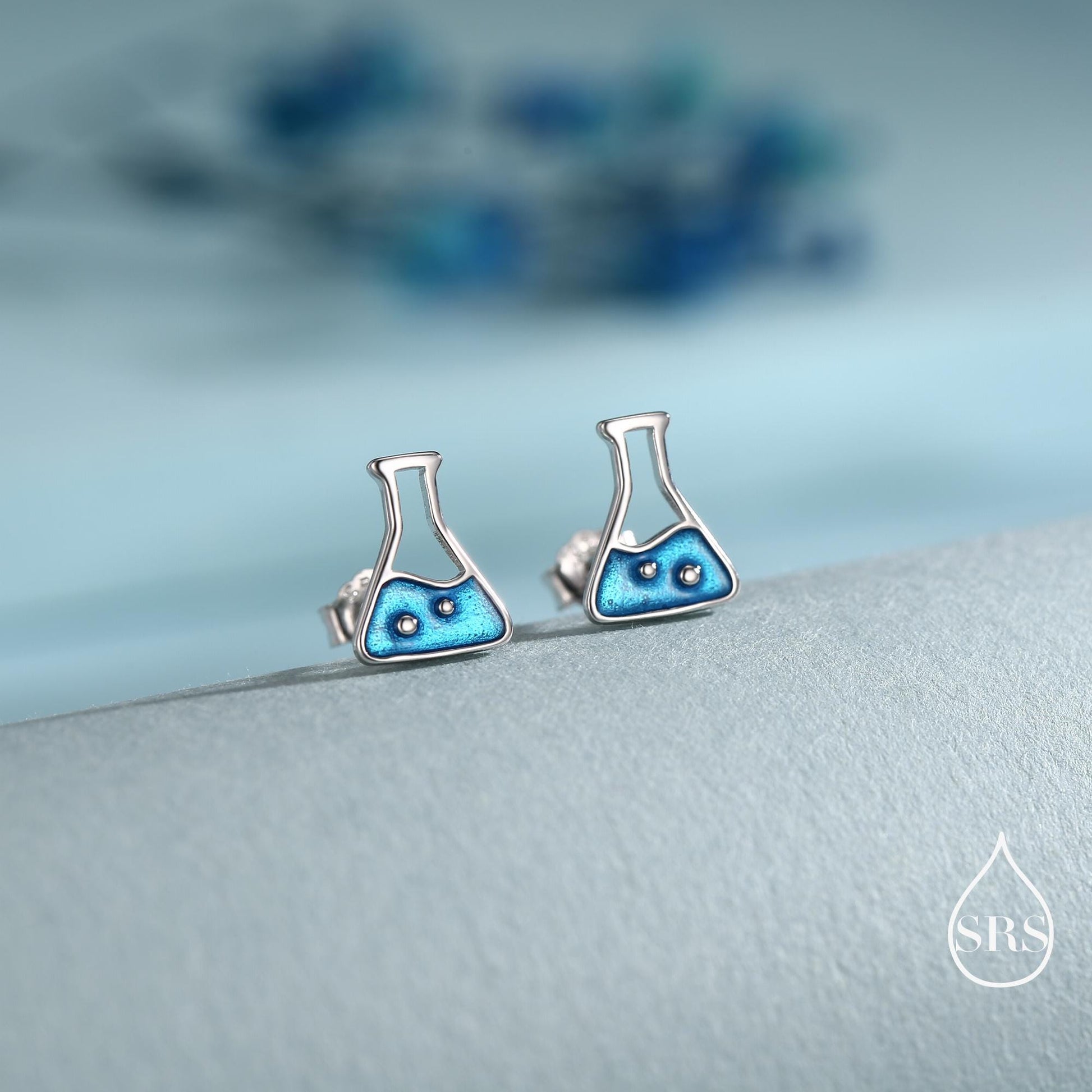 Sterling Silver Chemistry Flask Stud Earrings, Available in Silver, Gold or Rose Gold Finish, Cute Fun Quirky, Science Inspired