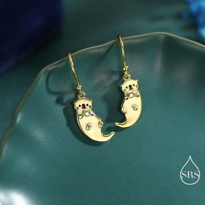Sterling Silver Otter Drop Earrings, Silver or Gold or Rose Gold, Otter Hook Earrings, Dangle Earrings, Nature Inspired Animal Earrings