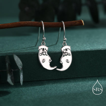 Sterling Silver Otter Drop Earrings, Silver or Gold or Rose Gold, Otter Hook Earrings, Dangle Earrings, Nature Inspired Animal Earrings