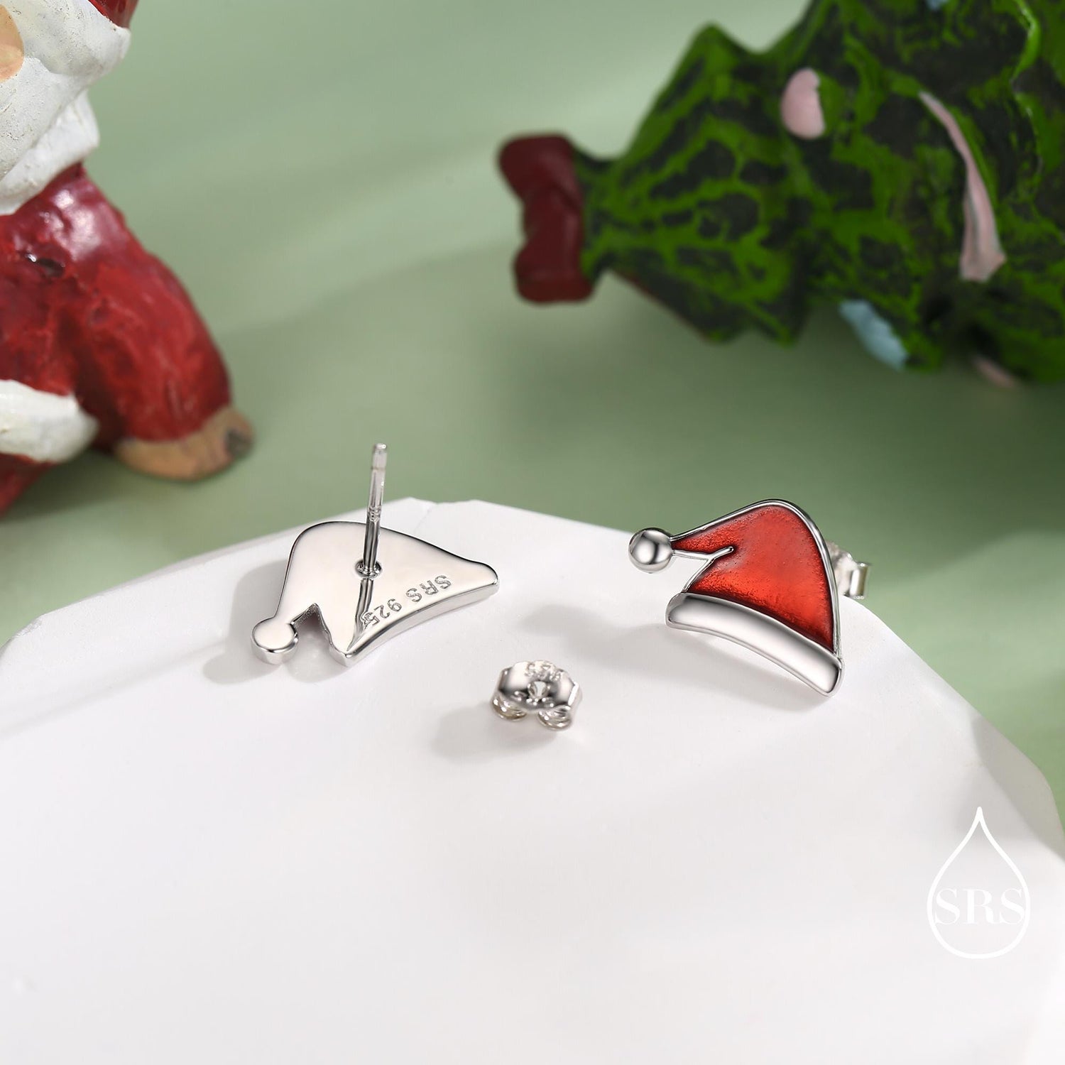 Mismatched Enamel Christmas Hat and Candy Cane Stud Earrings in Sterling Silver, Asymmetric Red Enamel Christmas Earrings, Christmas Gift