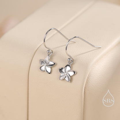 Tiny Plumeria Flower Drop Hook Earrings in Sterling Silver, Silver, Gold or Rose Gold, Flower Earrings, Nature Inspired