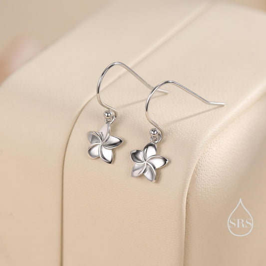 Tiny Plumeria Flower Drop Hook Earrings in Sterling Silver, Silver, Gold or Rose Gold, Flower Earrings, Nature Inspired