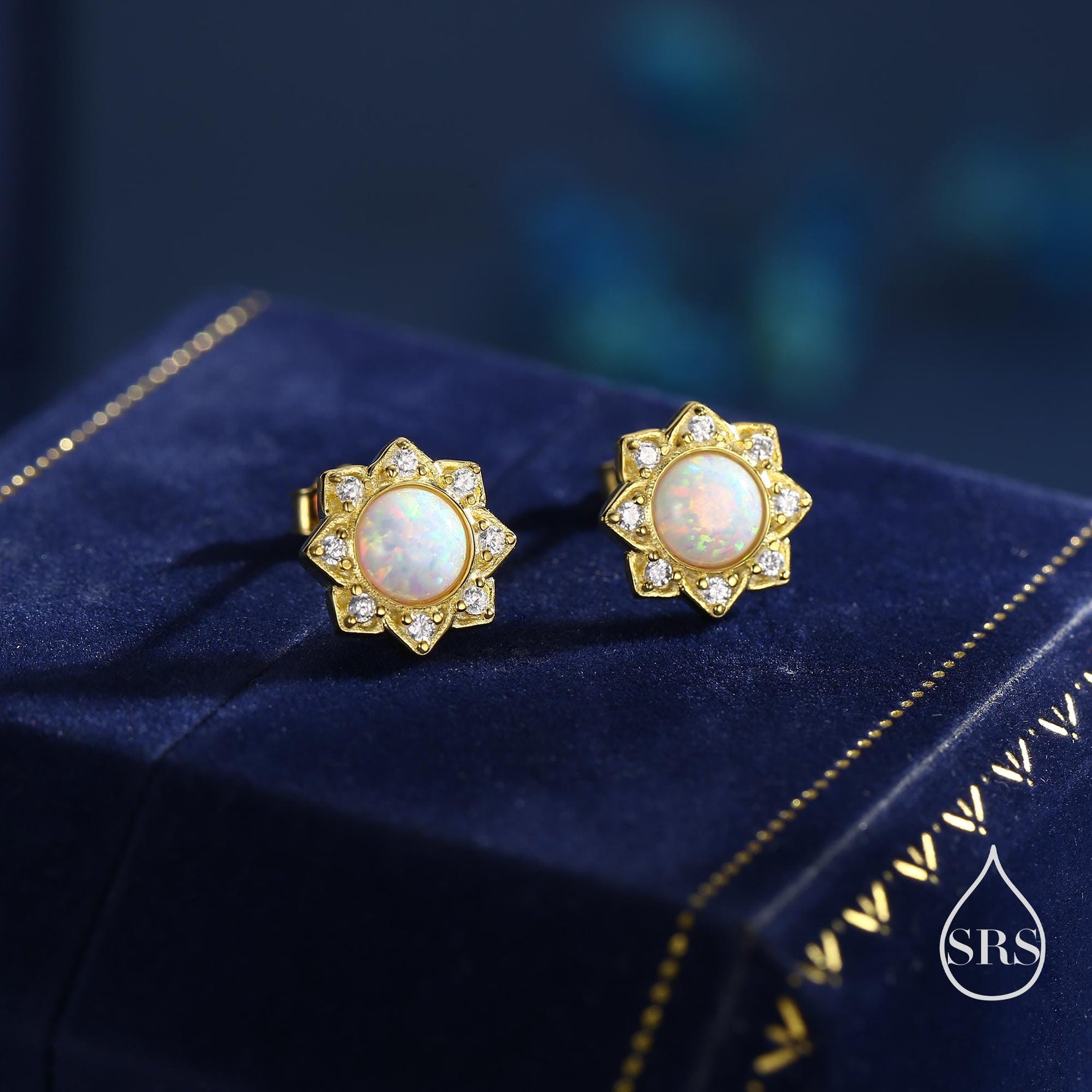Vintage Inspired White Opal Flower CZ Stud Earrings, Lab Opal Halo CZ Earrings, Fire Opal Earrings, Vintage Style Opal CZ Earrings