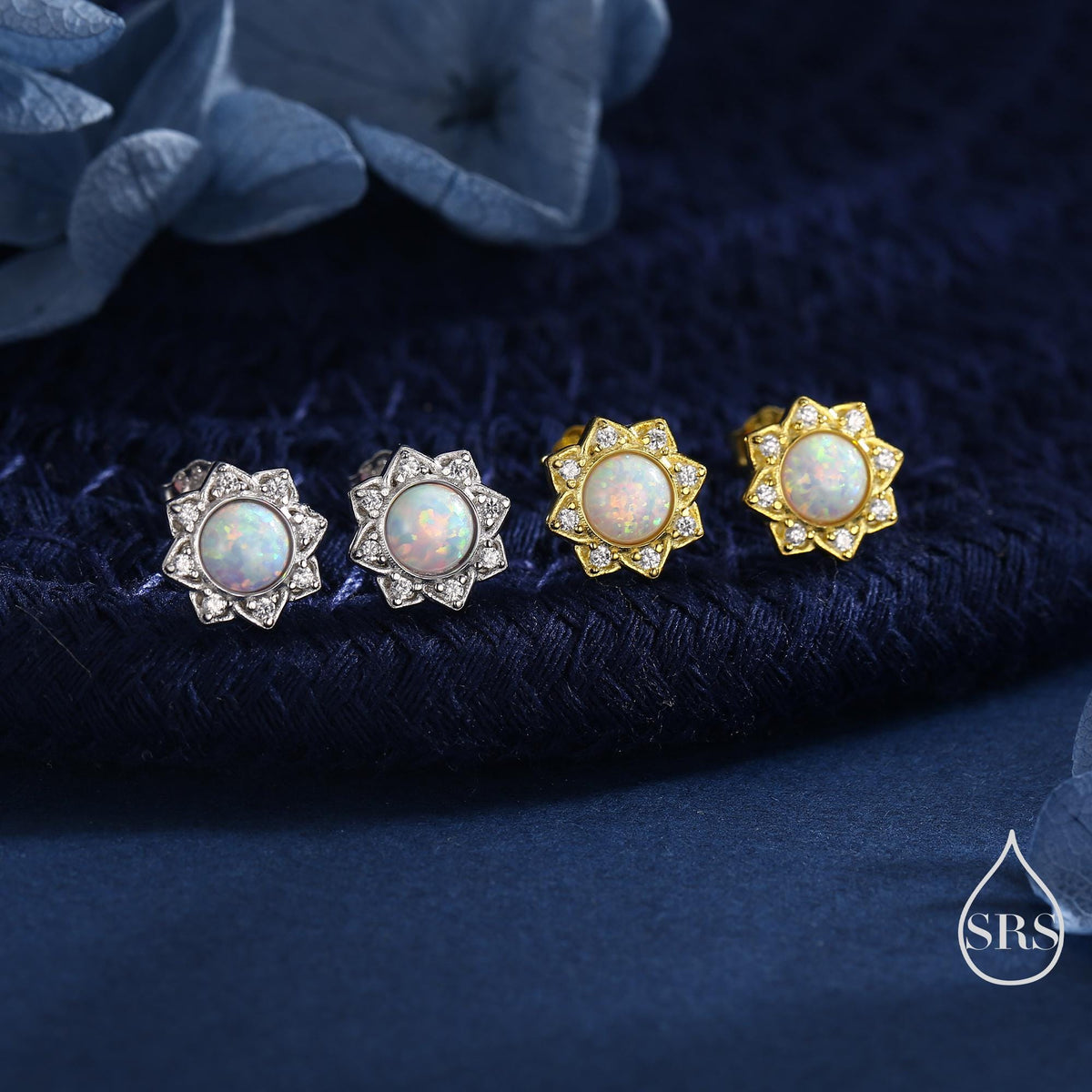 Vintage Inspired White Opal Flower CZ Stud Earrings, Lab Opal Halo CZ Earrings, Fire Opal Earrings, Vintage Style Opal CZ Earrings