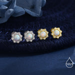 Vintage Inspired White Opal Flower CZ Stud Earrings, Lab Opal Halo CZ Earrings, Fire Opal Earrings, Vintage Style Opal CZ Earrings