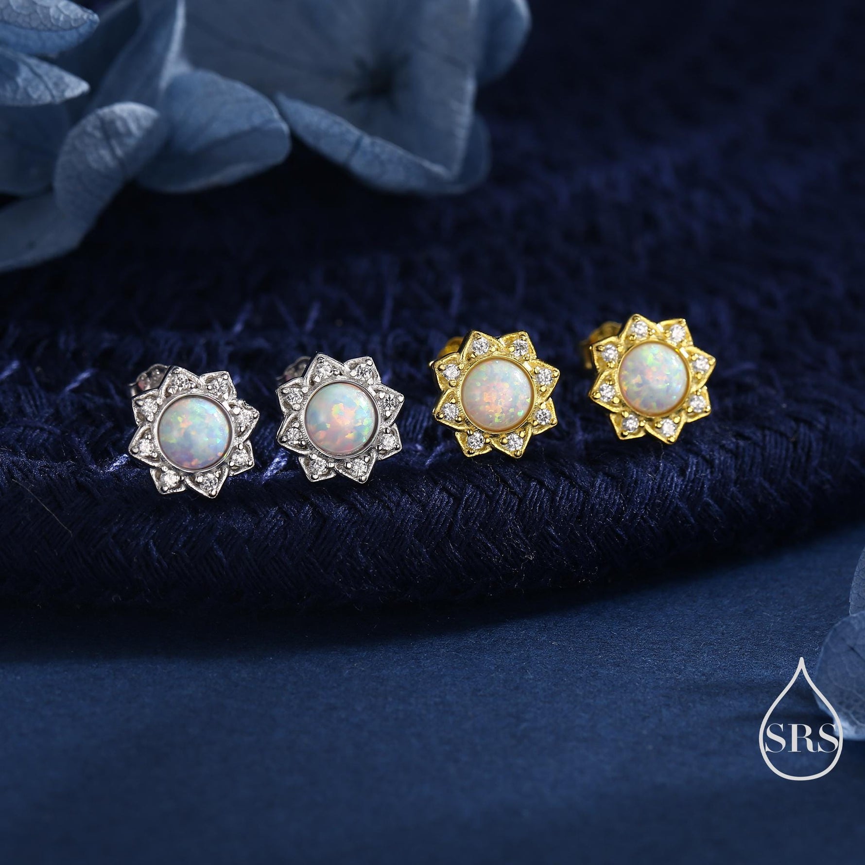 Vintage Inspired White Opal Flower CZ Stud Earrings, Lab Opal Halo CZ Earrings, Fire Opal Earrings, Vintage Style Opal CZ Earrings