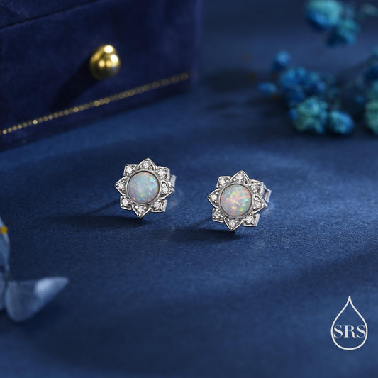 Vintage Inspired White Opal Flower CZ Stud Earrings, Lab Opal Halo CZ Earrings, Fire Opal Earrings, Vintage Style Opal CZ Earrings
