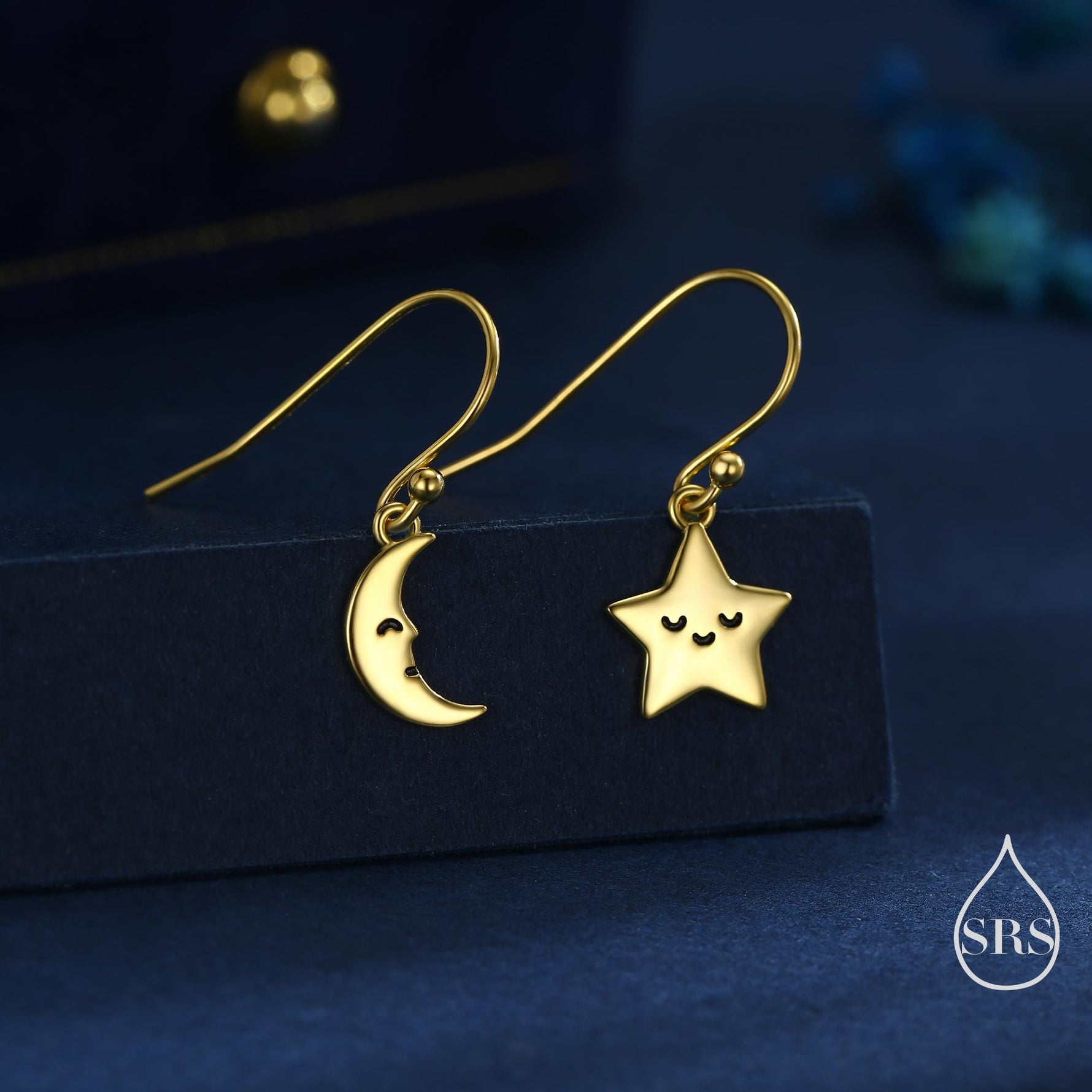 Extra Tiny Kawaii Star and Moon Dangle Drop Hook Earrings in Sterling Silver, Silver, Gold or Rose Gold, Tiny Star Dangle Earrings