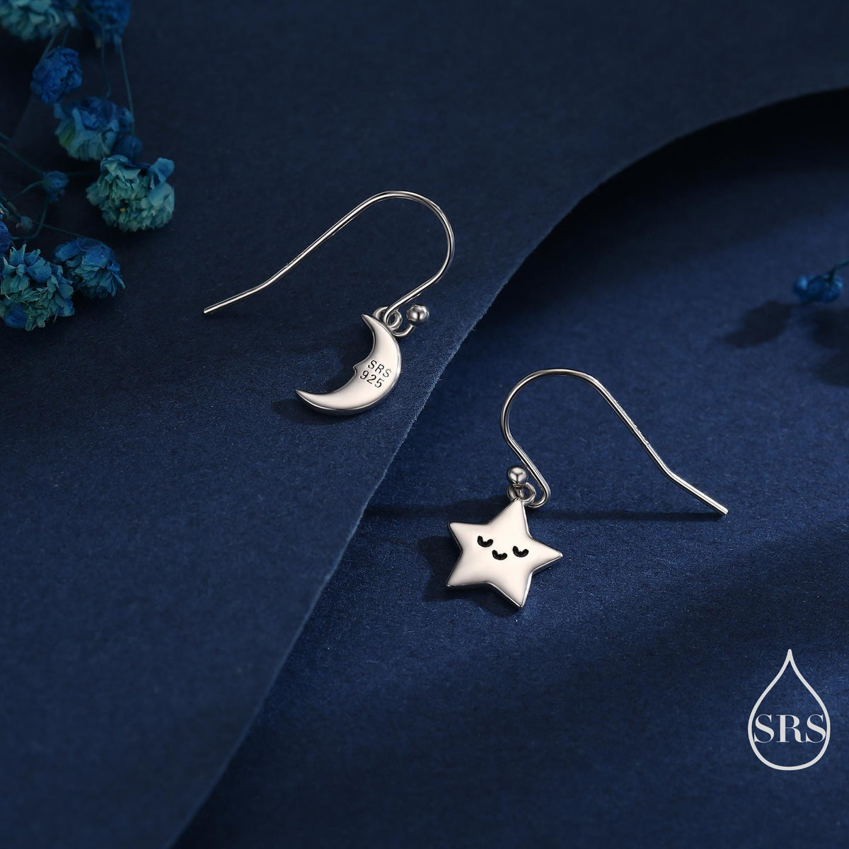 Extra Tiny Kawaii Star and Moon Dangle Drop Hook Earrings in Sterling Silver, Silver, Gold or Rose Gold, Tiny Star Dangle Earrings