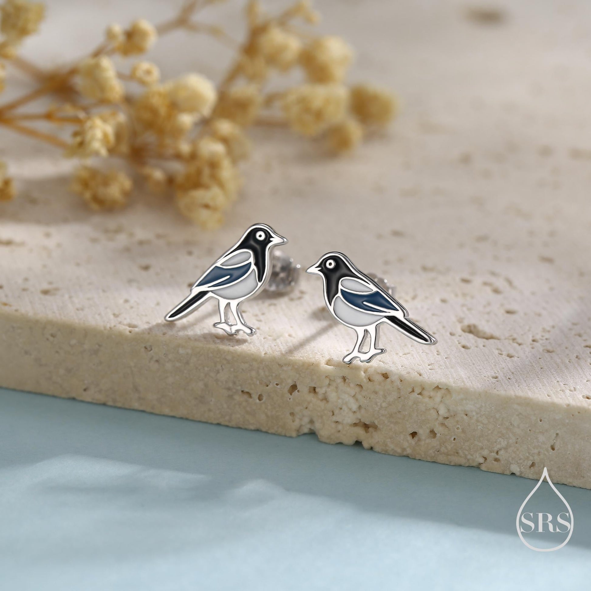 Sterling Silver Magpie Bird Stud Earrings with Enamel, Magpie Bird Earrings, Nature Inspired Animal Earrings, Magpie Stud